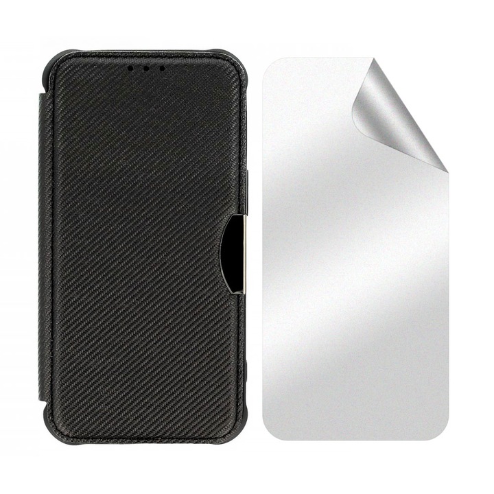 Комплект матово регенерируемо хидрогелно фолио и флип калъф Carbon Fusion, Съвместими с Apple iPhone 15 Pro Max, издръжлив, първокласни материали, защита срещу пръстови отпечатъци, джоб за карти, гъвкав силикон, дисплей и заден капак, черен