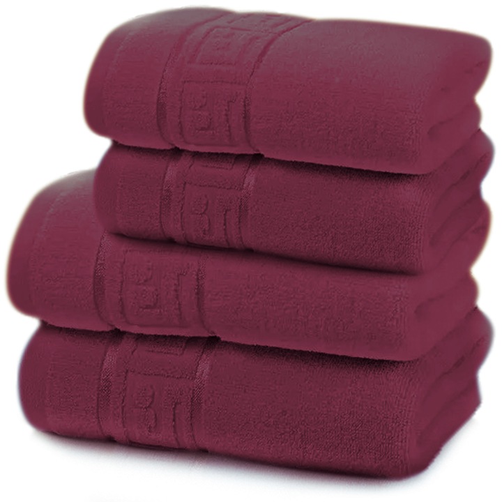 Set 4 Prosoape de baie Bumbac calitate Premium, 50X90 cm, 70x140 cm, Rosu bordo