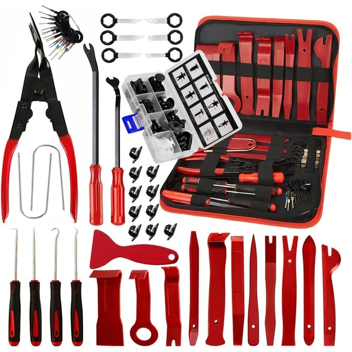 Trusa demontare interior auto 40 piese si set complet de 100 clipsuri, diverse dimensiuni, culoare trusa rosu