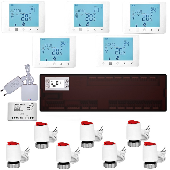Pachet automatizare Premium ZigBee Wireless Tuya pentru incalzire din distribuitor cu 5 zone, Daver