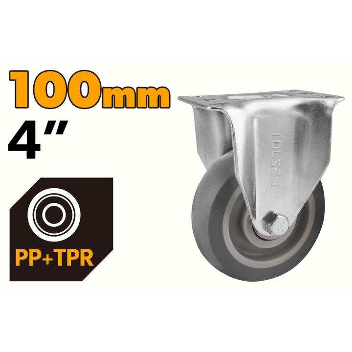 Roata fixa TOLSEN 100 mm, cauciuc termoplastic TPR + PP, capacitate 100 kg, rulment dublu cu bile, placa 95x65 mm, pentru transport silentios si echipamente grele
