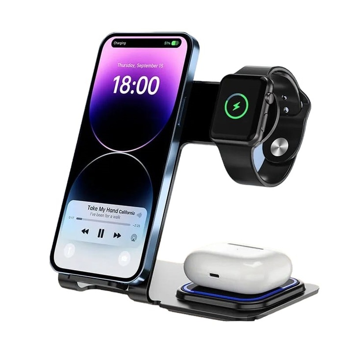 Vezeték nélküli töltőállomás 3 az 1-ben, gyorstöltés 15 W, MagSafe kompatibilis iPhone, Smart Watch és AirPods Samsung, Huawei