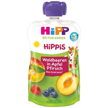 Piure de fructe Hipp, mar, piersica si fructe de padure, 100g, de la 1 an Piure de fructe Hipp, mar, piersica si fructe de padure, 100g, de la 1 an