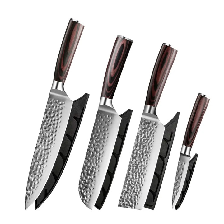 Set 4 cutite Hocho profesional, otel japonez HRC 60 calire manuala, maner Delux Pakka