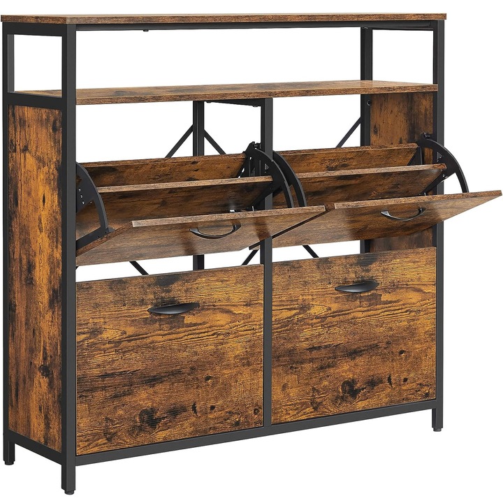 Vasalge MDF cipős szekrény 4 csuklós ajtóval, 12-20 párnak, 98x30x95cm, rusztikus barna és fekete