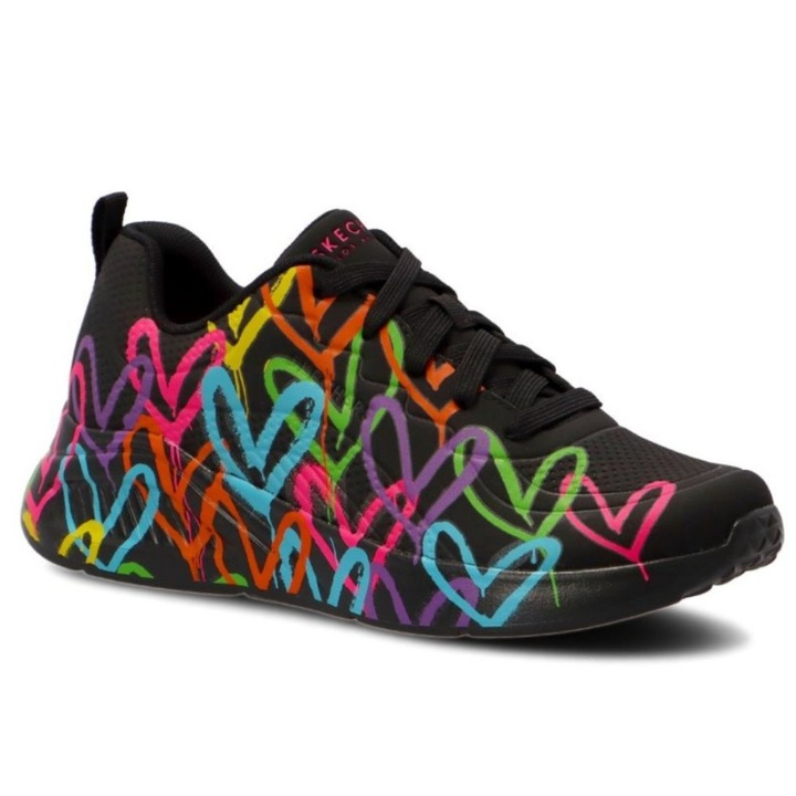 Skechers, Pantofi sport de piele ecologica cu imprimeu contrastant Uno-Highlight Love, Negru