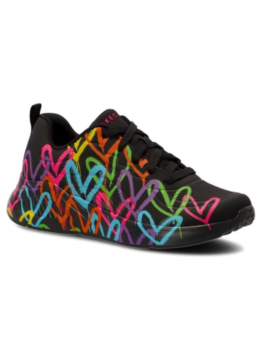 Skechers, Pantofi sport de piele ecologica cu imprimeu contrastant Uno-Highlight Love, Negru
