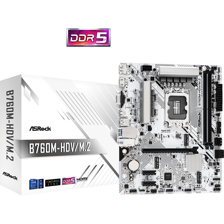 Дънна платка ASRock B760M-HDV/M.2 - Motherboard - micro ATX - LGA1700 Socket - B760 Chipset - USB 3.2 Gen 1, USB-C 3.2 Gen 1 - 2.5 Gigabit LAN - onboard graphics (CPU required) - HD Audio (8-channel) B760M-HDV/M.2