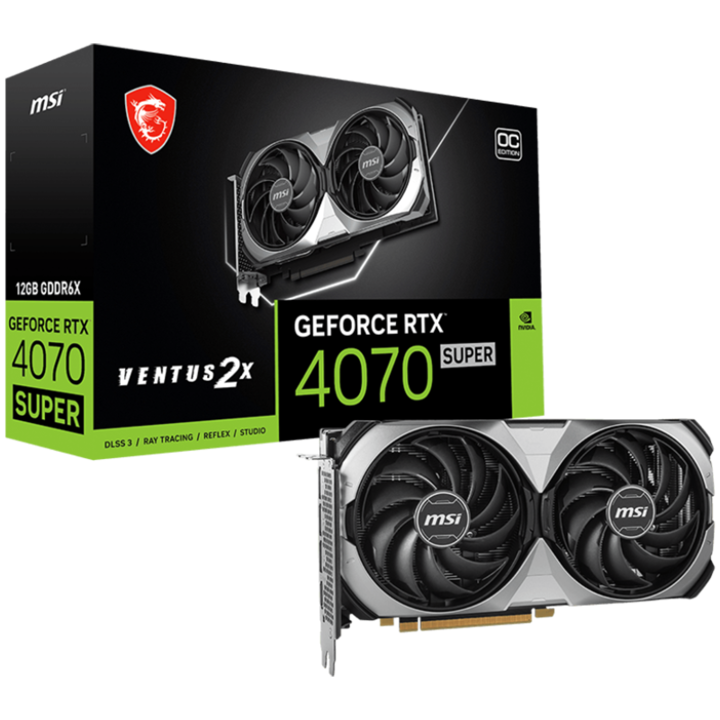 Видео карта MSI Video Card NVidia GeForce RTX 4070 SUPER 12G VENTUS 2X OC, 12GB GDDR6X, 192-bit, 2505 MHz Boost, 7168 CUDA Cores, PCIe 4.0, 3x DP 1.4a, HDMI 2.1a, RAY TRACING, Dual Fan, 650W Recommended PSU, 3Y RTX_4070_SUPER_12G_VENTUS_2X_OC