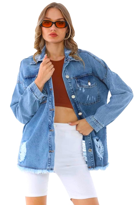 Дънкова риза Sharin, дълга, симетрична кройка и богата перфорация,