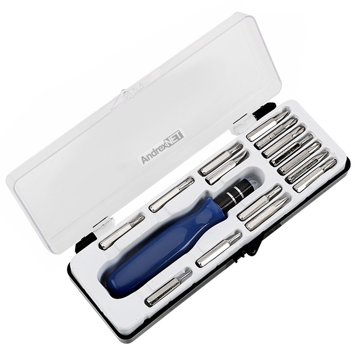 Set trusa surubelnite de precizie cu 15 biti torx cruce si forma dreapta, cutie depozitare