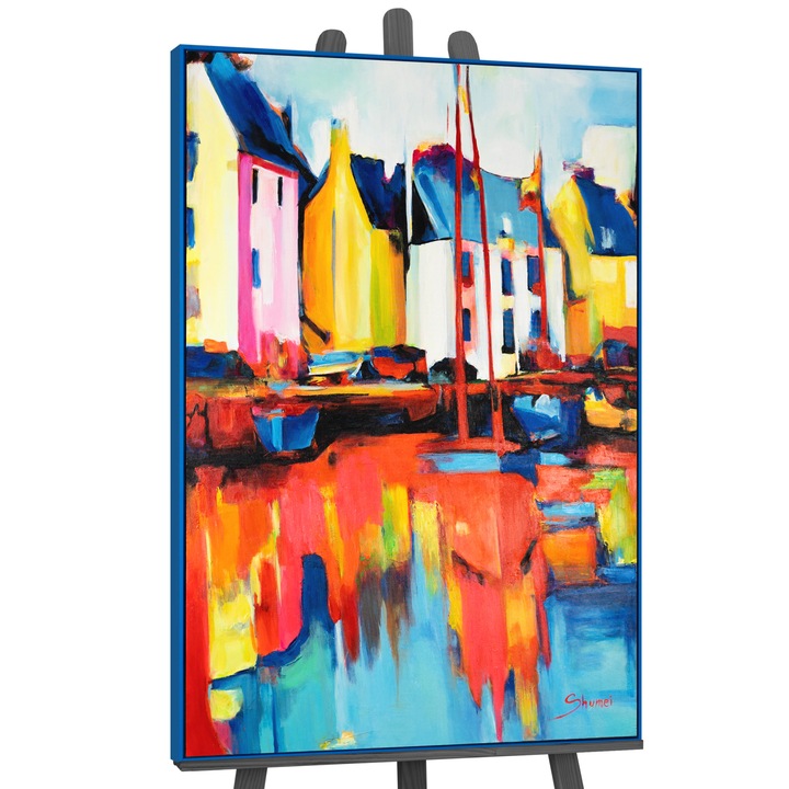 Tablou pictat manual, acrilic pe panza, Yahturi si acostare, cu rama Albastru, 140x100 cm