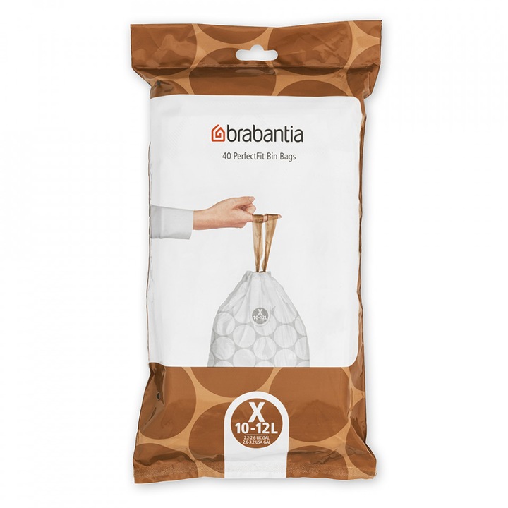 Торба за кош Brabantia PerfectFit, NewIcon/Bo N размер X, 10-12L, 40 броя, пакет, Бял