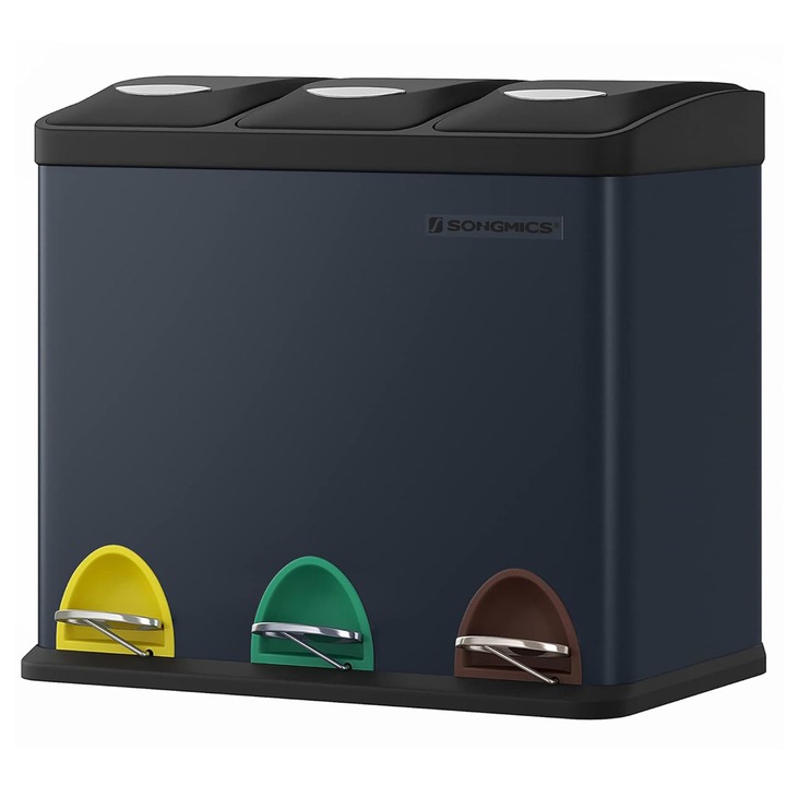 Cos de gunoi din otel Songmics cu 3 compartimente colectare selectiva, cu galeti interioare, 3x8litri, negru