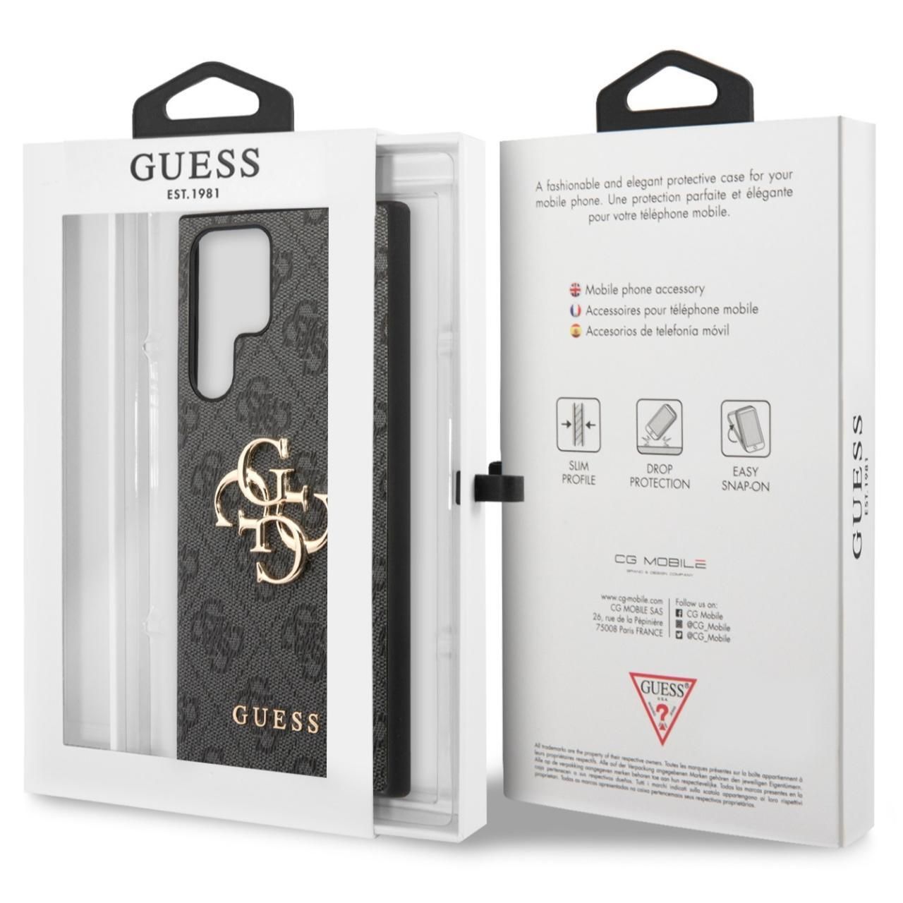 Husa de protectie Guess 4G PU Leather Big Metal Logo pentru Samsung Galaxy S24 Ultra, Gri/Negru