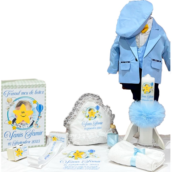 Set Botez, Trusou Yanis, Albastru, 15 Piese, 56-68 CM