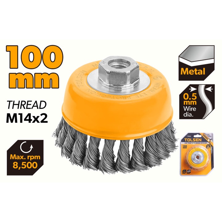 Perie cupa polizor unghiular TOLSEN 100 mm, Sarma rasucita otel 0.8 mm, Filet M14x2, Curatare intensa, Uz industrial, Perie cupa polizor unghiular TOLSEN 100 mm, Sarma rasucita otel 0.8 mm, Filet M14x2, Curatare intensa, Uz industrial