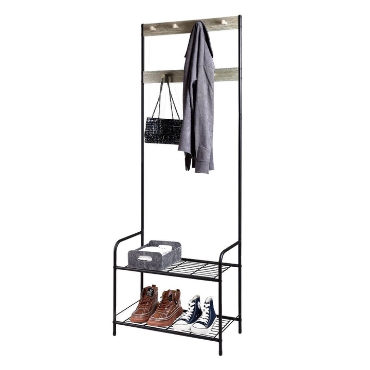 Cuier modern Shopiens® din metal cu 8 carlige pe 2 inaltimi si 2 rafturi pentru incaltaminte, 60x30x170 cm