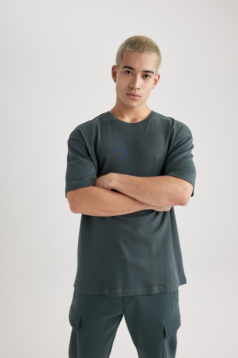 DeFacto, Tricou uni cu decolteu la baza gatului, Verde inchis