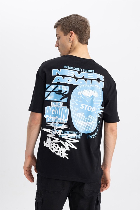 DeFacto, Tricou cu imprimeu grafic, Negru/Albastru glaciar