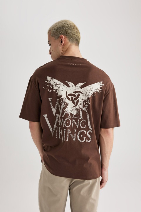 DeFacto, Tricou cu imprimeu grafic, Maro, XS