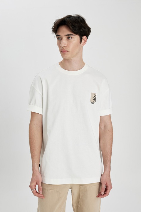 DeFacto, Tricou de bumbac cu decolteu la baza gatului, Alb fildes