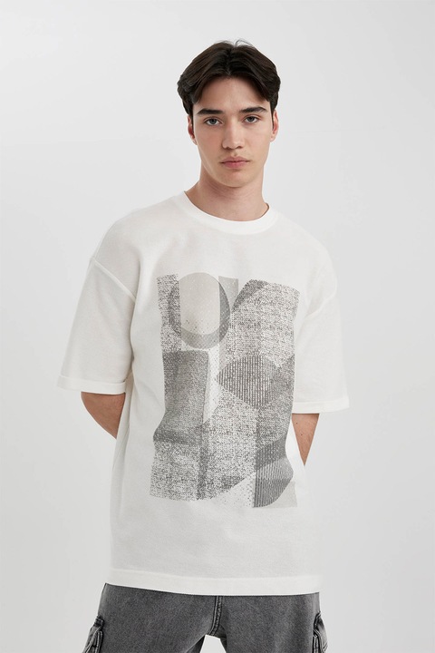 DeFacto, Tricou de bumbac cu model grafic, Alb fildes
