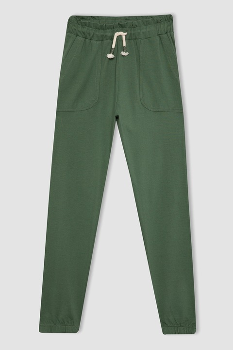 DeFacto, Pantaloni de trening din bumbac cu snur, Verde inchis