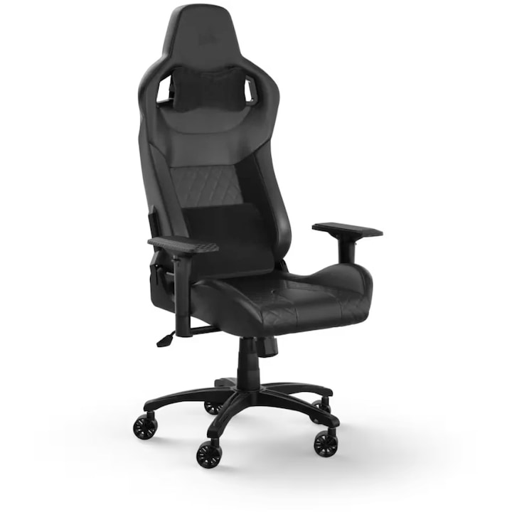 Стол Gaming Corsair T1 RACE, Кожа, Лумбална опора от мемори пяна, Облегалка за глава, Черен