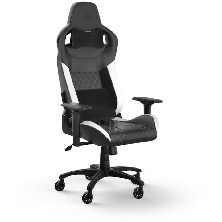Стол Gaming Corsair T1 RACE, Кожа, Лумбална опора от мемори пяна, Облегалка за глава, Черен/Бял