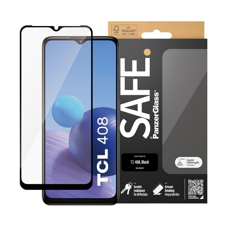 Стъклен протектор Safe за TCL 408, UWF, Черен