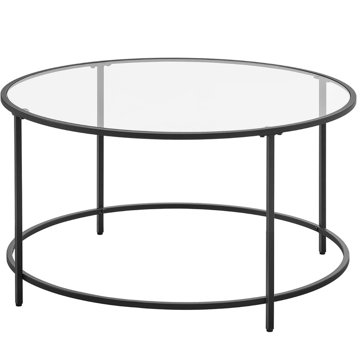 Masa de cafea rotunda Vasagle, din sticla securizata cu cadru metalic, 84x84x45cm, negru