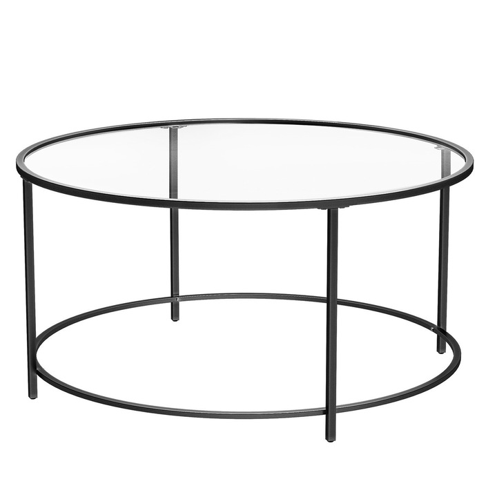 VASAGLE кръгла холна маса, 84 x 45,5 см, плот от безопасно стъкло, стоманена рамка, декоративна, черна LGT021B01