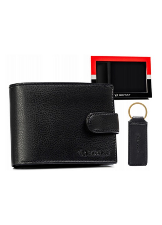 Подаръчен комплект мъжки портфейл и ключодържател, Rovicky, кожа, черен