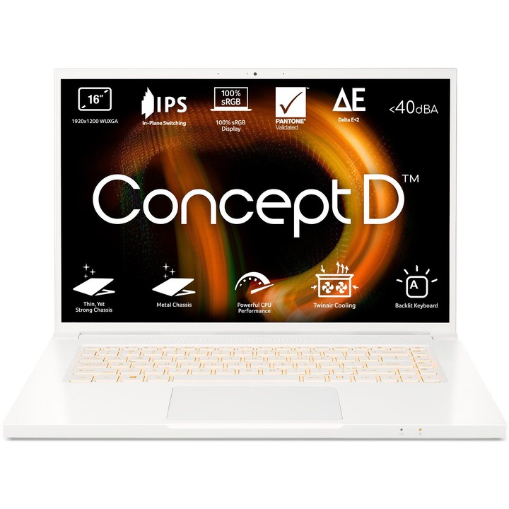 Лаптоп Acer ConceptD 3 CN316-73G-795U с Intel Core i7-11800H (2.4-4.6GHz,24M), 16 GB, 1TB M.2 NVMe SSD, NVIDIA RTX 3050 Ti 4GB GDDR6, Free DOS, Бял