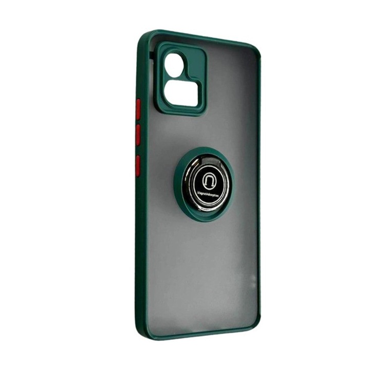 Husa Matte Ring Grip, Compatibil cu Motorola Moto G72, Antisoc Armor, Inel rotativ 360 grade, Magnet suport auto incorporat, Verde Inchis