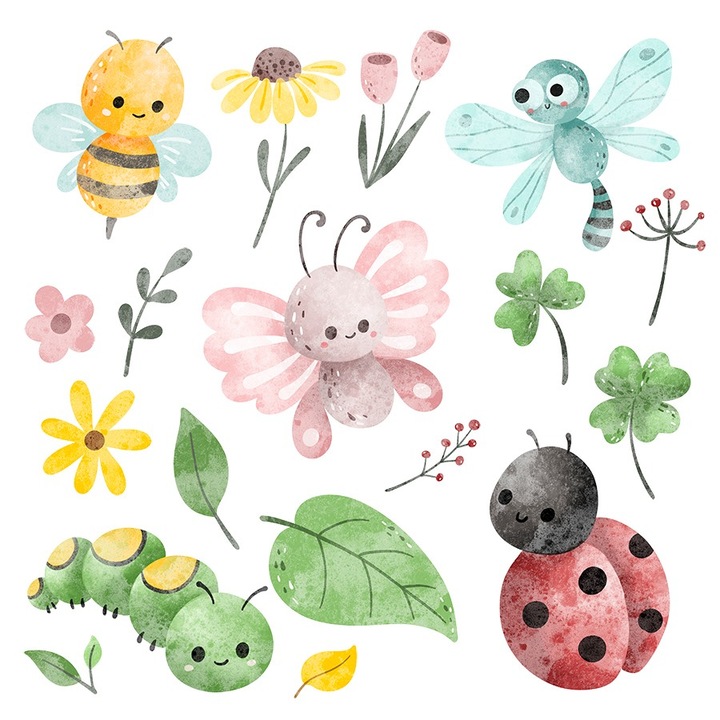 Sticker decorativ, Insecte, Fluturi, Albina, Flori, 12323ST