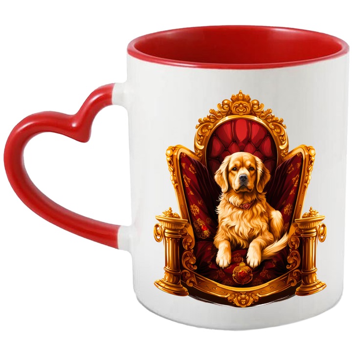 Кралско куче, седнало на стол, илюстрирано, злато, нашийник, чаша за любовник на кучета с дръжка в червено сърце