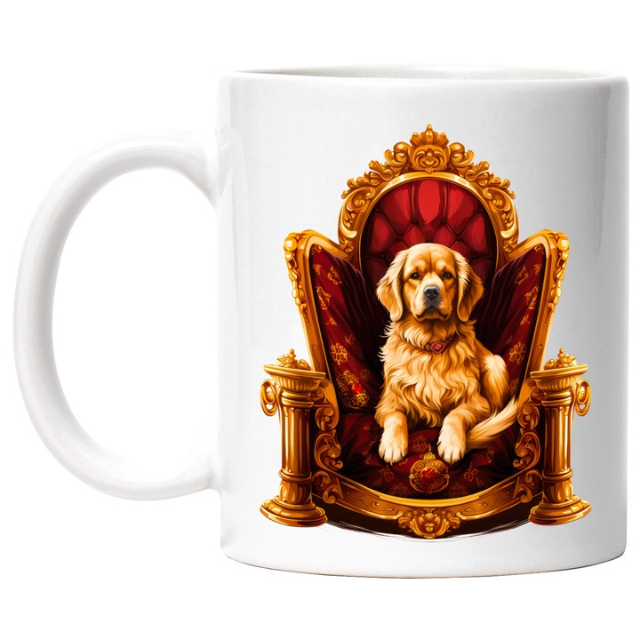 Чаша с кралско куче, седнало на стол, богата, илюстрация, злато, яка, за любители на кучета с бяла дръжка