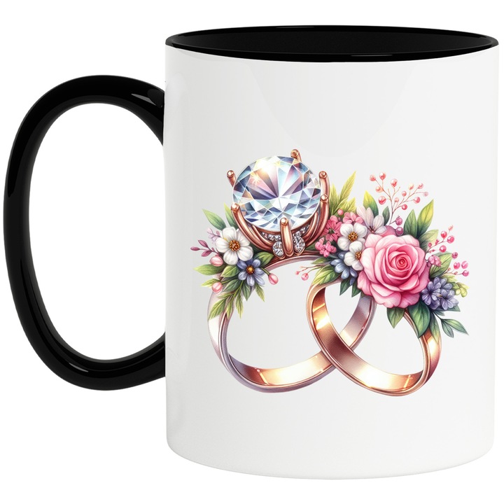 Чаша с 2 годежни пръстена, илюстрация, връзка, любов, подарък, диамант, пуканки, злато, Свети Валентин с черна дръжка