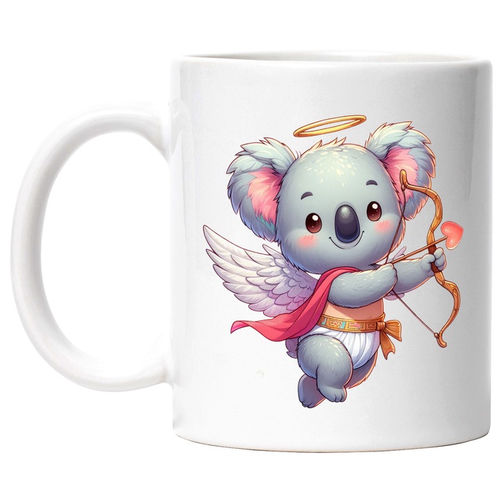 Cana cu un ursulet Koala Cupidon, ilustratie, trage cu arcul, aripi, zboara, indragostire, Valentine's Day cu Maner Alb