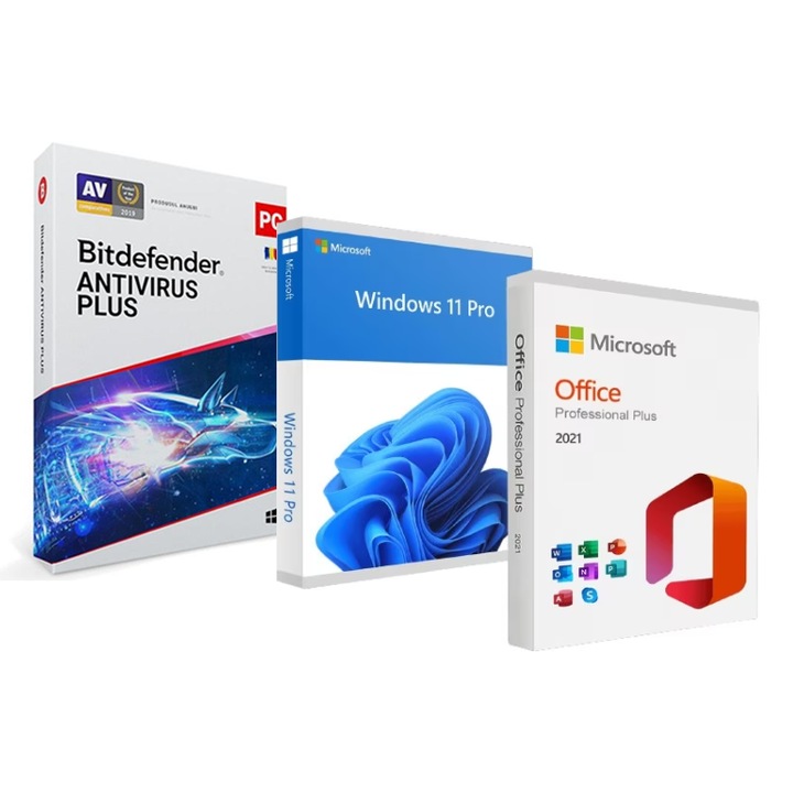 Pachet licente Windows 11 Pro stick USB, Office 2021 Pro Plus stick USB, Bitdefender Antivirus Plus 1PC