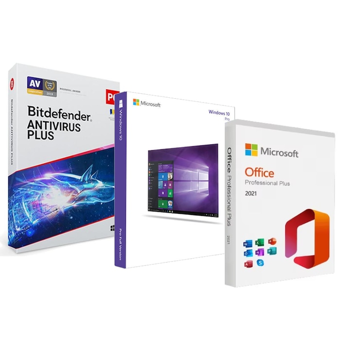 Pachet licente Windows 10 Pro stick USB, Office 2021 Pro Plus stick USB, Bitdefender Antivirus Plus 1PC