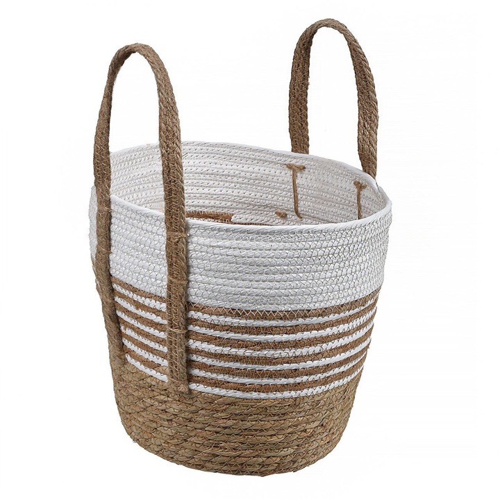 Shopiens® плетена декоративна кошница в екрю и бежово, с райета и дръжки от дебело въже, 28x28 см