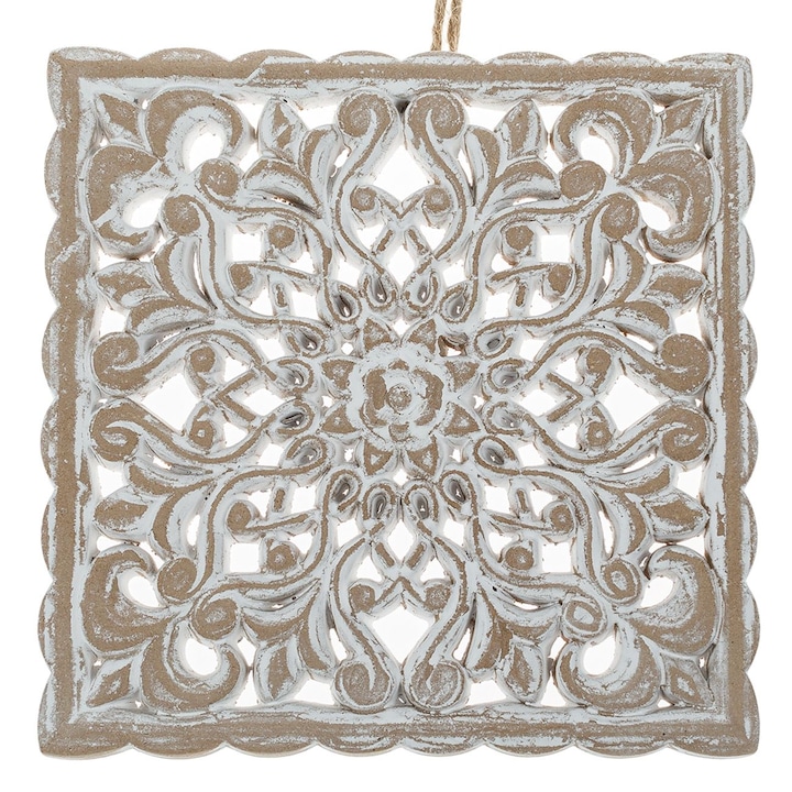 Decoratiune de perete patrata Shopiens®, cu design floare din lemn sculptat de culoare naturala, cu model brushed si aspect vintage, 19.5x19.5 cm