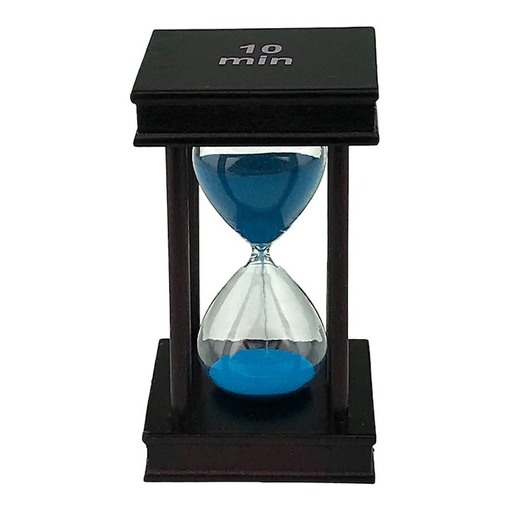Clepsidra din lemn cu scris 10 minute, 8x14 cm, negru-albastru