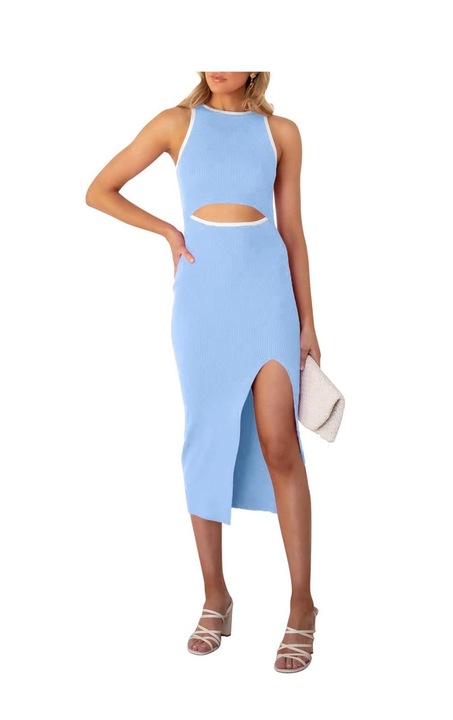 Jusfoouo отворена рокля без ръкави по тялото с плетка и цепка, Светлосин