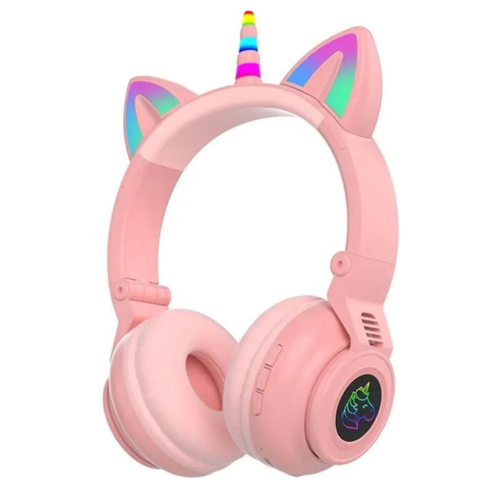 Детски безжични Bluetooth5.0 сгъваеми Bluetooth5.0 светещи безжични слушалки Котешки уши Еднорог, Розови