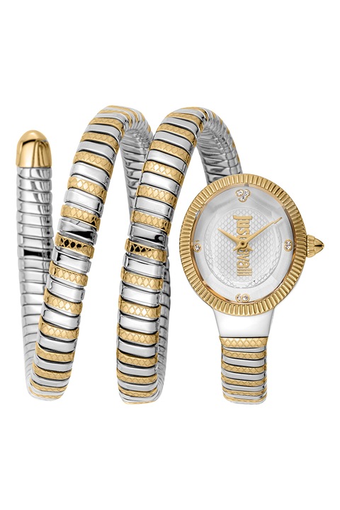 JUST CAVALLI, Ceas din otel inoxidabil decorat cu zirconia, Argintiu, Auriu