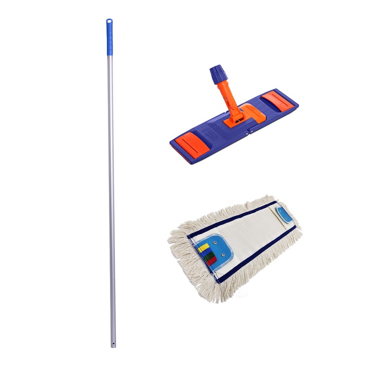 Set - Coada profesionala din aluminiu, filet profesional, fixa, 140 cm, maner albastru + Talpa Mop Plat 40cm + Mop Plat Albastru 40cm